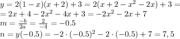 y=2(1-x)(x+2)+3=2(x+2-x^2-2x)+3=&#10;\\\&#10;=2x+4-2x^2-4x+3=-2x^2-2x+7&#10;\\\&#10;m= \frac{-b}{2a} = \frac{2}{-4} =-0.5&#10;\\\&#10;n=y(-0.5)=-2\cdot(-0.5)^2-2\cdot(-0.5)+7=7,5