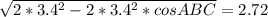 \sqrt{2*3.4^2-2*3.4^2*cosABC} = 2.72