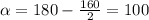 \alpha =180- \frac{160}{2} =100