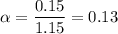 \alpha =\dfrac{0.15}{1.15}=0.13