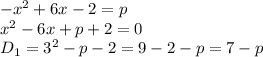 -x^2 + 6x - 2 = p \\\ x^2-6x+p+2=0 \\\ D_1=3^2-p-2=9-2-p=7-p \\\\ &#10;