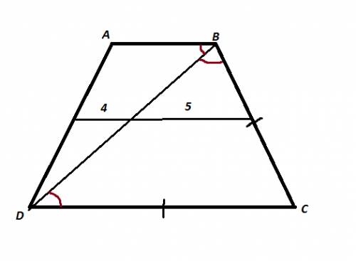 Диагональ равнобедренной трапеции делит пополам ее тупой угол, а среднюю линию на отрезки 4см и 5см.