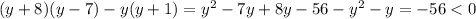 (y+8)(y-7)-y(y+1)=y^2-7y+8y-56-y^2-y=-56<0