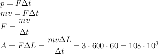 p=F\Delta t\\mv=F\Delta t\\F=\cfrac{mv}{\Delta t}\\A=F\Delta L=\cfrac{mv\Delta L}{\Delta t}=3\cdot 600\cdot 60=108\cdot 10^3