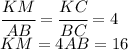 \cfrac{KM}{AB}=\cfrac{KC}{BC}=4\\KM=4AB=16