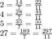 2= \frac{14}{7} = \frac{22}{11} &#10;\\\&#10;4= \frac{28}{7} = \frac{44}{11} &#10;\\\&#10;5= \frac{35}{7} = \frac{55}{11} &#10;\\\&#10;27= \frac{189}{7} = \frac{297}{11}