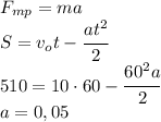 F_{mp}=ma\\S=v_ot-\cfrac{at^2}{2}\\510=10\cdot 60-\cfrac{60^2a}{2}\\a=0,05