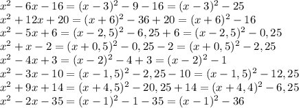 x^2-6x-16=(x-3)^2-9-16=(x-3)^2-25\\x^2+12x+20=(x+6)^2-36+20=(x+6)^2-16\\x^2-5x+6=(x-2,5)^2-6,25+6=(x-2,5)^2-0,25\\x^2+x-2=(x+0,5)^2-0,25-2=(x+0,5)^2-2,25\\x^2-4x+3=(x-2)^2-4+3=(x-2)^2-1\\x^2-3x-10=(x-1,5)^2-2,25-10=(x-1,5)^2-12,25\\x^2+9x+14=(x+4,5)^2-20,25+14=(x+4,4)^2-6,25\\x^2-2x-35=(x-1)^2-1-35=(x-1)^2-36