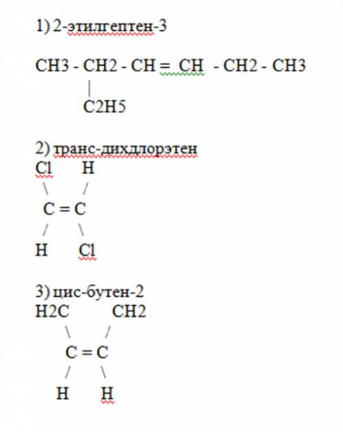 Напишите структурную формулу: 1) 2 этил гептен 3 2) транс дихлорэтен 3) цис бутен 2