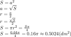 S=a^2&#10;\\\&#10;a= \sqrt{S} &#10;\\\&#10;r= \frac{a}{2} &#10;\\\&#10;r= \frac{\sqrt{S} }{2} &#10;\\\&#10;S=\pi r^2= \frac{S\pi }{4} &#10;\\\&#10;S= \frac{0.64\pi }{4} =0.16\pi \approx 0.5024(dm^2)