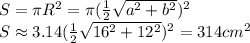 S=\pi R^2=\pi ( \frac{1}{2} \sqrt{a^2+b^2})^2&#10;\\\&#10;S\approx3.14( \frac{1}{2} \sqrt{16^2+12^2})^2=314cm^2