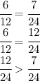 \cfrac{6}{12}=\cfrac{7}{24}\\\cfrac{6}{12}=\cfrac{12}{24}\\\cfrac{12}{24}\cfrac{7}{24}