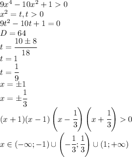 9x^4-10x^2+10\\x^2=t,t0\\9t^2-10t+1=0\\D=64\\t=\cfrac{10\pm 8}{18}\\t=1\\t=\cfrac{1}{9}\\x=\pm 1\\x=\pm\cfrac{1}{3}\\(x+1)(x-1)\left(x-\cfrac{1}{3}\right)\left(x+\cfrac{1}{3}\right)0\\x\in (-\infty;-1)\cup \left(-\cfrac{1}{3};\cfrac{1}{3}\right)\cup (1;+\infty)