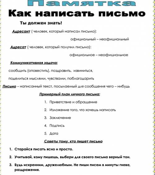 Напишите краткую (из 5-7 пунктов) памятку о том, как писать письма. воспользуйтесь текстом. письмо -