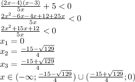 \frac{(2x-4)(x-3)}{5x} +5<0&#10;\\\&#10; \frac{2x^2-6x-4x+12+25x}{5x}<0&#10;\\\&#10; \frac{2x^2+15x+12}{5x}<0&#10;\\\&#10;x_1=0&#10;\\\&#10;x_2= \frac{-15- \sqrt{129} }{4} &#10;\\\&#10;x_3= \frac{-15+ \sqrt{129} }{4} &#10;\\\&#10;x\in(-\infty; \frac{-15- \sqrt{129} }{4} ) \cup ( \frac{-15+ \sqrt{129} }{4}; 0)