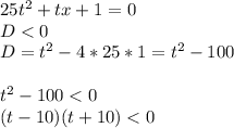 25t^2+tx+1=0\\D<0\\D=t^2-4*25*1=t^2-100\\\\t^2-100<0\\(t-10)(t+10)<0