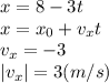 x=8-3t&#10;\\\&#10;x=x_0+v_xt&#10;\\\&#10;v_x=-3&#10;\\\&#10;|v_x|=3(m/s)