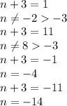 n+3=1 \\\ n \neq -2-3 \\\ n+3=11 \\\ n \neq 8-3 \\\ n+3=-1 \\\ n=-4 \\\ n+3=-11 \\\ n=-14