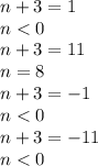 n+3=1&#10;\\\&#10;n<0&#10;\\\&#10;n+3=11&#10;\\\&#10;n=8&#10;\\\&#10;n+3=-1&#10;\\\&#10;n<0&#10;\\\&#10;n+3=-11&#10;\\\&#10;n<0