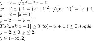 y=2-\sqrt{x^2+2x+1}\\x^2+2x+1=(x+1)^2, \sqrt{(x+1)^2}=|x+1|\\y=2-|x+1|\\y-2=-|x+1|\\Takkak|x+1| \geq 0,to(-|x+1|) \leq 0,togda\\y-2 \leq 0, y \leq 2\\y\in (-\infty,2]