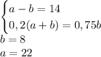 \begin{cases}a-b=14\\0,2(a+b)=0,75b\end{cases}\\b=8\\a=22