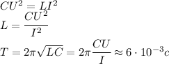 CU^2=LI^2\\L=\cfrac{CU^2}{I^2}\\T=2\pi\sqrt{LC}=2\pi\cfrac{CU}{I}\approx 6\cdot 10^{-3}c