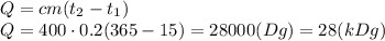 Q=cm(t_2-t_1)&#10;\\\&#10;Q=400\cdot0.2(365-15)=28000(Dg)=28(kDg)