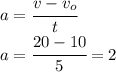 a=\cfrac{v-v_o}{t}\\a=\cfrac{20-10}{5}=2