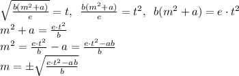 \sqrt{\frac{b(m^2+a)}{e}}=t,\;\; \frac{b(m^2+a)}{e}=t^2,\;\; b(m^2+a)=e\cdot t^2\\m^2+a=\frac{e\cdot t^2}{b}\\m^2=\frac{e\cdot t^2}{b}-a=\frac{e\cdot t^2-ab}{b}\\m=\pm \sqrt{\frac{e\cdot t^2-ab}{b}}