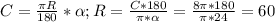 C= \frac{ \pi R}{180}* \alpha ; R= \frac{C*180}{ \pi * \alpha } = \frac{8 \pi *180}{ \pi *24}=60