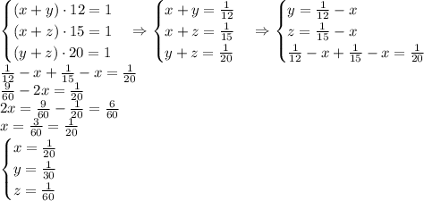 \begin{cases} (x+y)\cdot12=1\\(x+z)\cdot15=1\\(y+z)\cdot20=1 \end{cases}\Rightarrow\begin{cases} x+y=\frac1{12}\\x+z=\frac1{15}\\y+z=\frac1{20} \end{cases}\Rightarrow\begin{cases} y=\frac1{12}-x\\z=\frac1{15}-x\\\frac1{12}-x+\frac1{15}-x=\frac1{20} \end{cases}\\\frac1{12}-x+\frac1{15}-x=\frac1{20}\\\frac9{60}-2x=\frac1{20}\\2x=\frac9{60}-\frac1{20}=\frac6{60}\\x=\frac3{60}=\frac1{20}\\\begin{cases}x=\frac1{20}\\y=\frac1{30}\\z=\frac1{60}\end{cases}