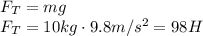 F_T=mg&#10;\\\&#10;F_T=10kg\cdot 9.8m/s^2=98H