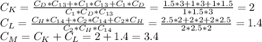 C_{K} = \frac{C_{D}*C_{13}+*C_1*C_{13}+C_1*C_{D}}{C_1*C_{D}*C_{13}}=\frac{1.5*3+1*3+1*1.5}{1*1.5*3}=2\\&#10;C_{L} = \frac{C_{H}*C_{14}+*C_2*C_{14}+C_2*C_{H}}{C_2*C_{H}*C_{14}}=\frac{2.5*2+2*2+2*2.5}{2*2.5*2}=1.4\\&#10;C_{M} = C_{K}+C_{L}=2+1.4=3.4\\