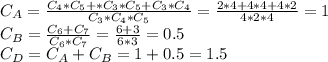 C_{A} = \frac{C_4*C_5+*C_3*C_5+C_3*C_4}{C_3*C_4*C_5}=\frac{2*4+4*4+4*2}{4*2*4}= 1\\&#10;C_{B} = \frac{C_6+C_7}{C_6*C_7}=\frac{6+3}{6*3}=0.5\\&#10;C_{D} = C_{A}+C_{B}=1+0.5=1.5\\&#10;