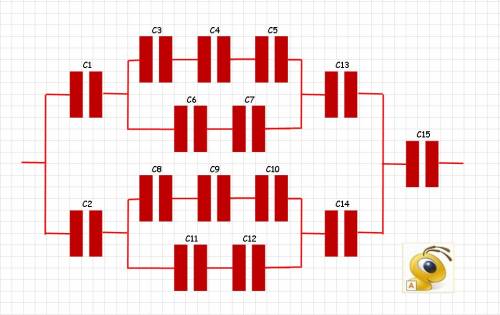 Составить схему из 15 конденсаторов смешанного соединения,задать числовые значения,определить c обще
