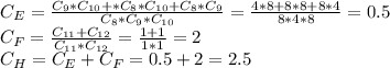 C_{E} = \frac{C_9*C_{10}+*C_8*C_{10}+C_8*C_9}{C_8*C_9*C_{10}}=\frac{4*8+8*8+8*4}{8*4*8}= 0.5\\&#10;C_{F} = \frac{C_{11}+C_{12}}{C_{11}*C_{12}}=\frac{1+1}{1*1}=2\\&#10;C_{H} = C_{E}+C_{F}=0.5+2=2.5\\