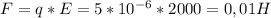 F = q * E = 5 * 10^{-6} * 2000 = 0,01 H