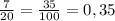 \frac{7}{20} = \frac{35}{100} =0,35