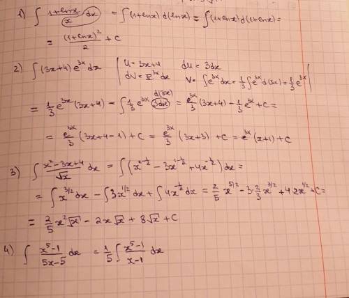 1.∫((1+㏑x)/x)*dx 2.∫(3x+4)e^(3x)*dx 3.∫(x^2-3x+4/√x)*dx 4.∫(x^5-1/5x-5)dx 5.∫30^(30x) dx с решением