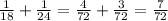 \frac{1}{18}+ \frac{1}{24}= \frac{4}{72}+ \frac{3}{72}= \frac{7}{72}