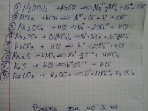 Написать уравнения диссоциации (полные и краткие) 1)mg(no3)2+naoh 2)alcl3+koh 3)na2sio3 +hcl 4)na3po