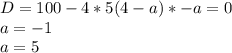 D=100-4*5(4-a)*-a=0\\&#10;a=-1\\&#10;a=5\\&#10;