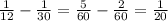 \frac{1}{12}- \frac{1}{30} = \frac{5}{60}- \frac{2}{60} = \frac{1}{20}