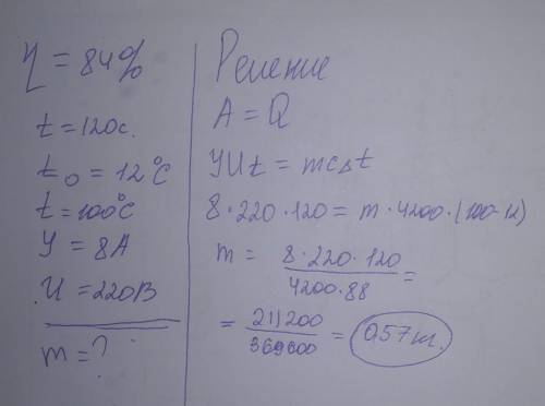 Вода яку налили в електричний чайник з ккд 84% закипіла за 2.хв визначте масу налитої води у кг якщо