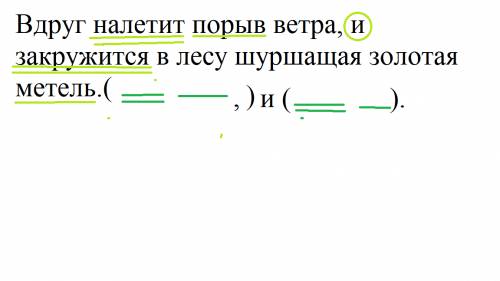 Составить схему предложения: вдруг налетит порыв ветра, и закружится в лесу шуршащая золотая метель