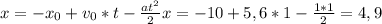 x= -x_{0}+ v_{0} *t- \frac{at^2}{2} x = -10 +5,6*1- \frac{1*1}{2} =4,9 &#10;&#10;