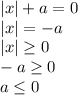 |x| +a = 0&#10;\\\&#10;|x| = -a&#10;\\\&#10;|x| \geq 0&#10;\\\&#10;-a \geq 0&#10;\\\&#10;a \leq 0