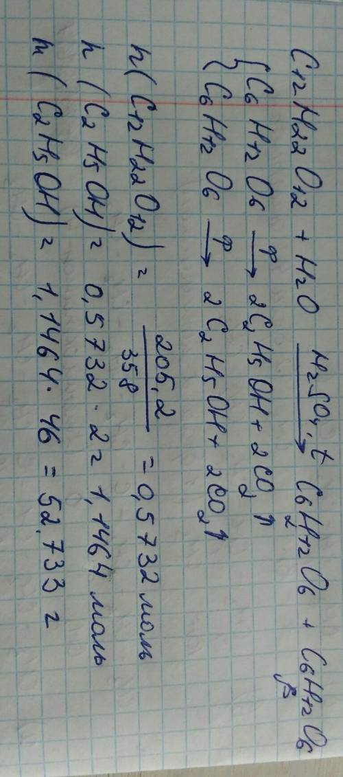 Найдите массу етанола который получили из 205,2 г сахарозы.можно написать реакция.