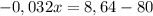 -0,032x = 8,64 - 80