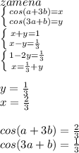 zamena\\&#10; \left \{ {{cos(a+3b)=x} \atop {cos(3a+b)=y}} \right. &#10;\\&#10; \left \{ {{x+y=1} \atop {x-y=\frac{1}{3}}} \right. \\&#10; \left \{ {{1-2y=\frac{1}{3}} \atop {x=\frac{1}{3}+y}} \right.\\&#10;\\&#10;y=\frac{1}{3}\\&#10;x=\frac{2}{3}\\&#10;\\&#10;cos(a+3b)=\frac{2}{3}\\&#10;cos(3a+b) = \frac{1}{3}\\&#10;\\&#10;&#10;